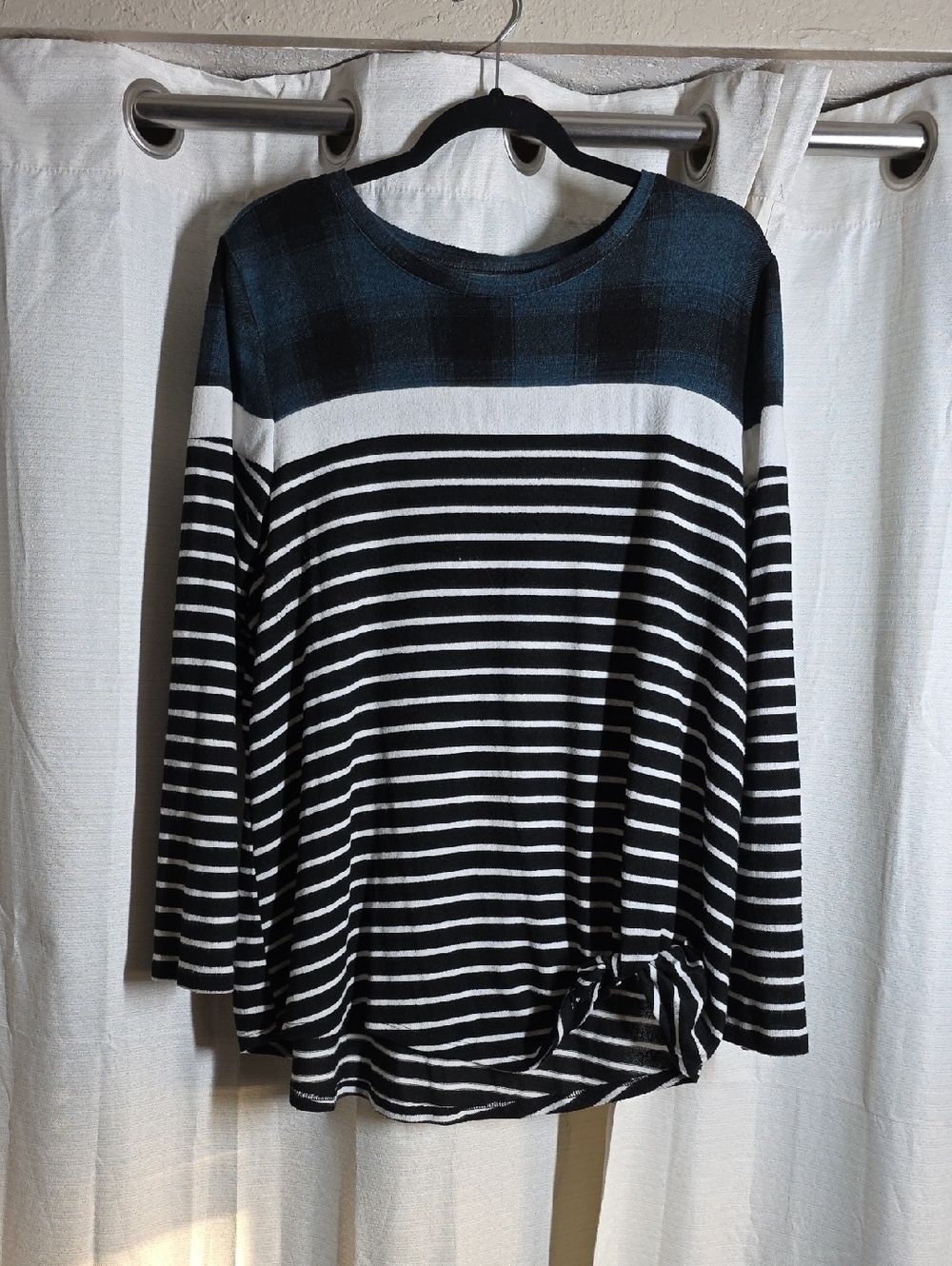 Maurices Green Black & White Striped Long-Sleeve Top with Teal Yoke